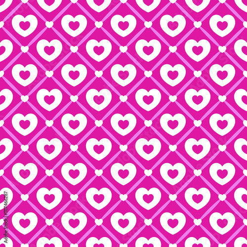 seamless pattern features white hearts within pink diamond shapes on a vibrant pink background, perfect for romantic and Valentine’s Day-themed designs