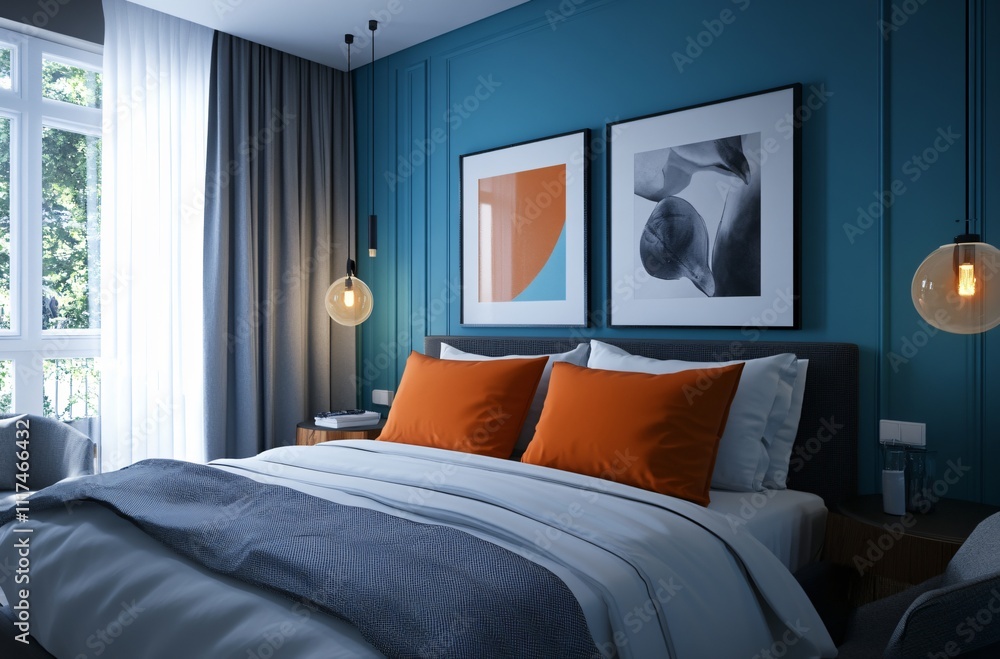 Bright bedroom with a striking deep blue and orange color scheme, featuring a comfortable bed, clock, and stylish decor, ideal for a guesthouse or hotel. The modern, youthful style creates an inviting Bright bedroom with a striking deep blue and orange color scheme, featuring a comfortable bed, clock, and stylish decor, ideal for a guesthouse or hotel. The modern, youthful style creates an inviting