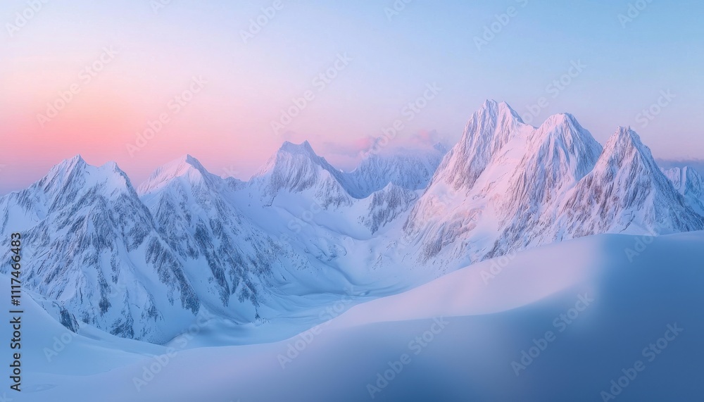 Obraz premium Serene winter landscape with majestic snow-covered mountains at dawn.