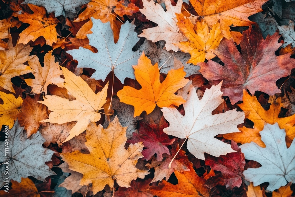 Obraz premium A colorful array of autumn leaves scattered on the ground, showcasing seasonal beauty.
