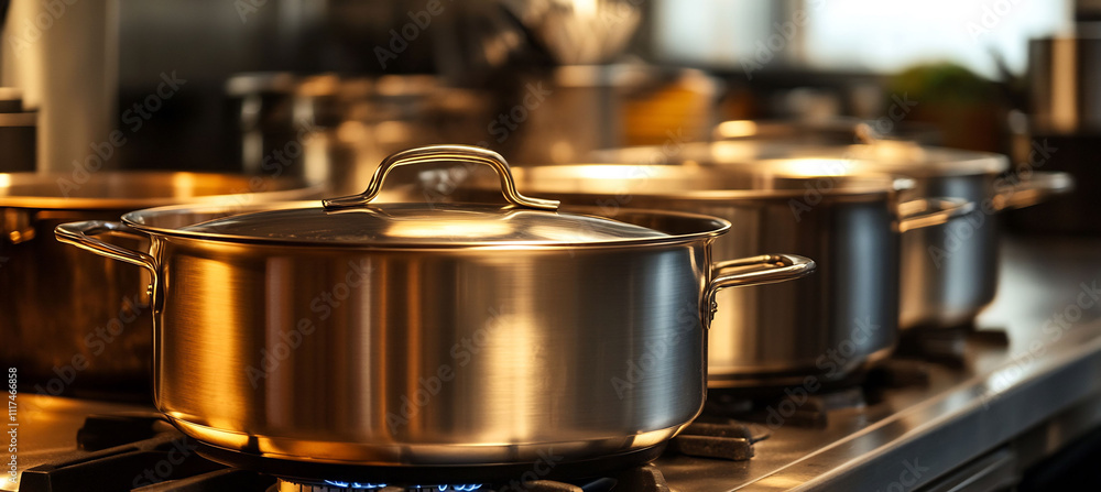 Set of stainless steel pots stove warm light illuminating kitchen shine of pots adds touch of elegance cozy scene making space feel both functional and inviting perfect for a relaxed cooking session Set of stainless steel pots stove warm light illuminating kitchen shine of pots adds touch of elegance cozy scene making space feel both functional and inviting perfect for a relaxed cooking session