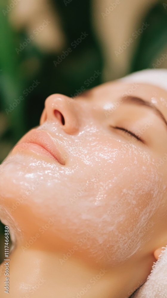 Fototapeta premium A relaxed woman with closed eyes undergoing a facial treatment, her skin glistening with a skincare mask in a serene setting.