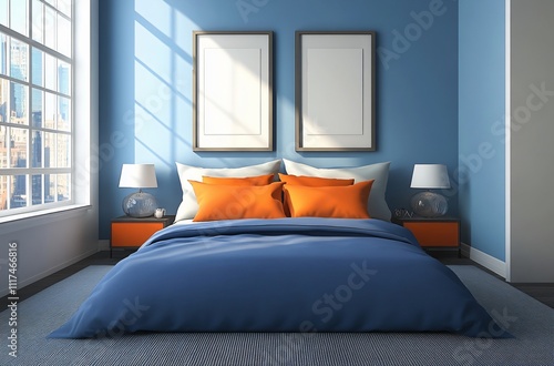 Bright bedroom with a striking deep blue and orange color scheme, featuring a comfortable bed, clock, and stylish decor, ideal for a guesthouse or hotel. The modern, youthful style creates an inviting