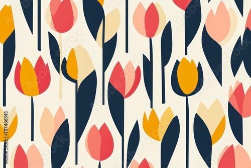 Modern Geometric Pattern Featuring Brightly Colored Tulips on a Soft Background, Ideal for Contemporary Design Projects and Floral Themes