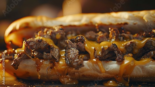 Philly cheesesteak sandwich closeup