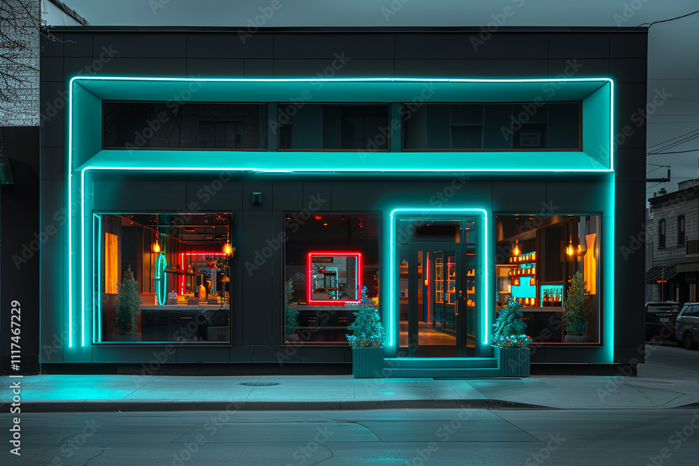 Contemporary boutique featuring a charcoal exterior with bright neon teal lighting. The vivid details and modern design stand out in the high-definition urban scene Contemporary boutique featuring a charcoal exterior with bright neon teal lighting. The vivid details and modern design stand out in the high-definition urban scene