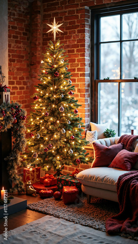 Cozy Christmas Loft: Festive Tree in Rustic Brick Interior for Holiday Marketing and Home Decor Inspiration