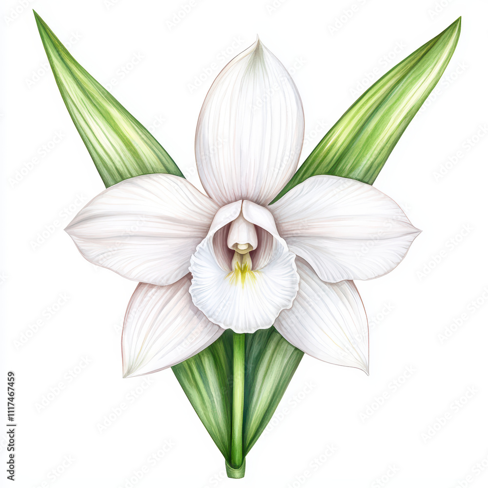 Fototapeta premium delicate ghost orchid with white petals and green leaves, showcasing intricate details and natural beauty