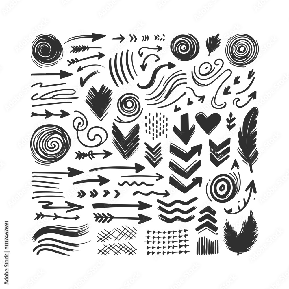 Obraz premium Arrow line hand drawn Grunge square, spiral, arrow element scribble line brush Set Vector Design Illustration