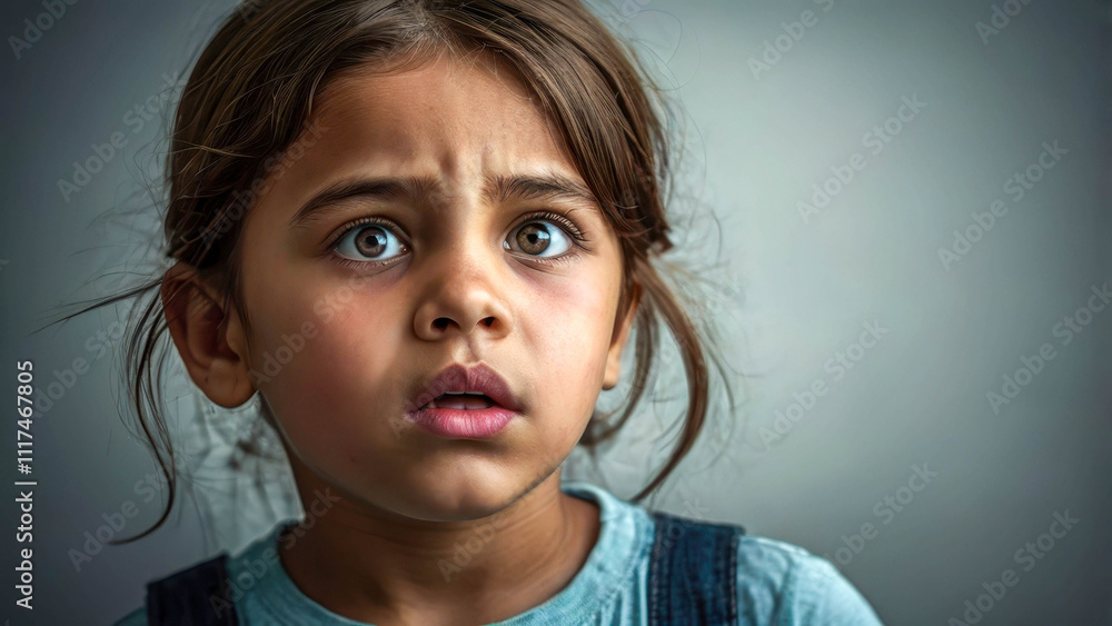 Portrait, face of scared child close up, emotional shot. Portrait, face of scared child close up, emotional shot.