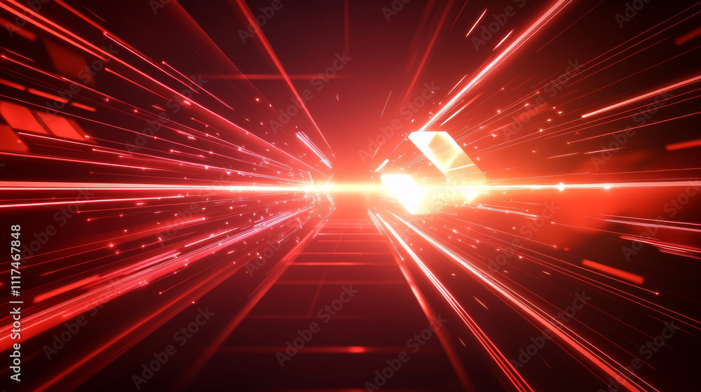 Naklejka premium Abstract red neon arrow light glow background. Futuristic cyber laser line motion banner for casino. Dynamic techno perspective beam 3d graphic design. Cool party power and energy boost led tunnel