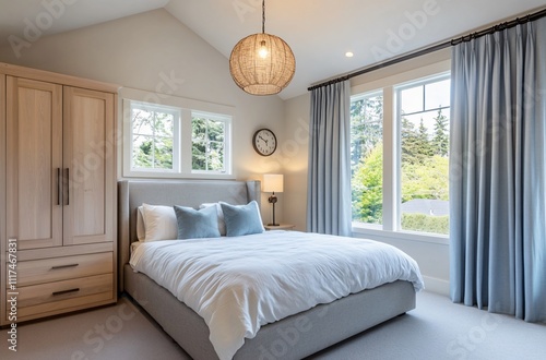 Bright and soothing light blue bedroom with a cozy bed, clock, and stylish decor, perfect for a guesthouse or hotel setting. The modern interior design and youthful style create a comfortable and welc