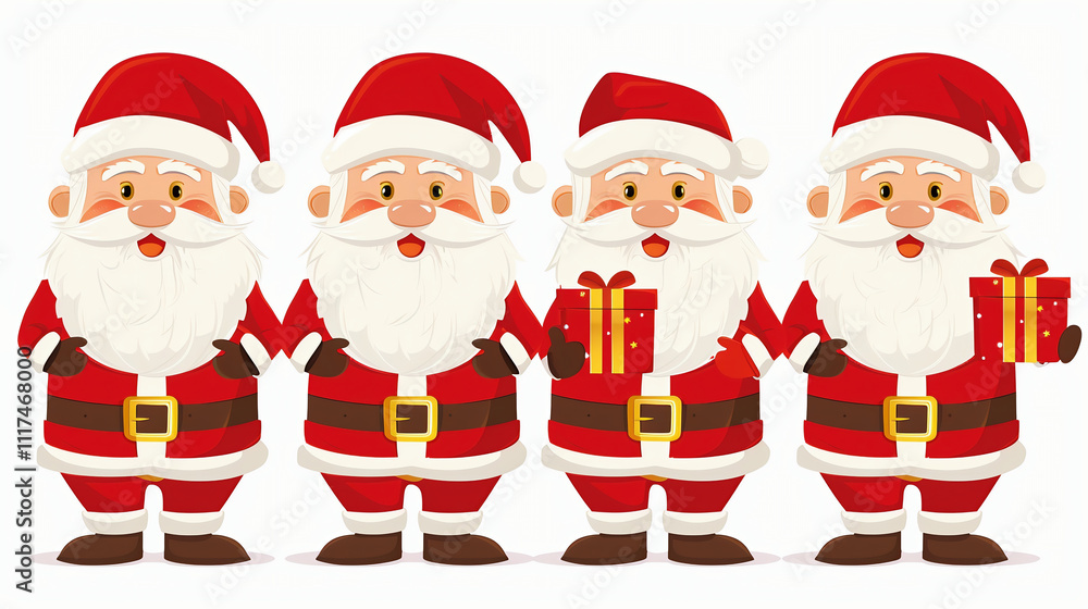Christmas santa claus characters set design. Santa claus cute mascot character holding gift box and red sack elements in standing pose Christmas santa claus characters set design. Santa claus cute mascot character holding gift box and red sack elements in standing pose