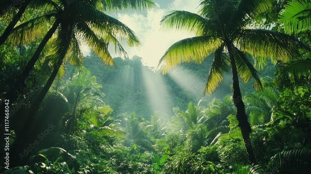 Naklejka premium Lush Tropical Rainforest Paradise Sunbeams Through Palm Trees