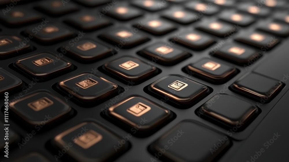Close-up of a modern, high-tech keyboard with metallic copper-colored keys on a dark background. Close-up of a modern, high-tech keyboard with metallic copper-colored keys on a dark background.