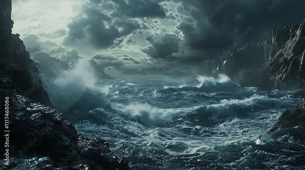 Dramatic waves crashing on rocky coastline Dramatic waves crashing on rocky coastline