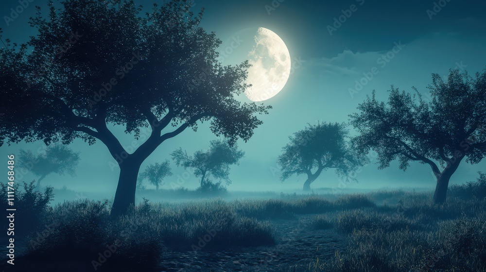 Misty, moonlit orchard at night. Misty, moonlit orchard at night.