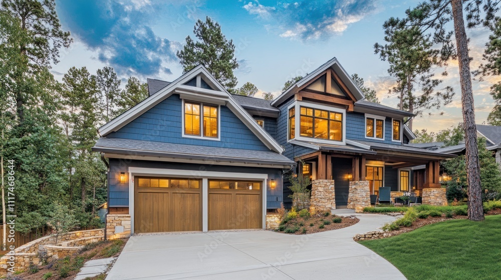 Modern Blue House with Stone Accents and a Garage Modern Blue House with Stone Accents and a Garage