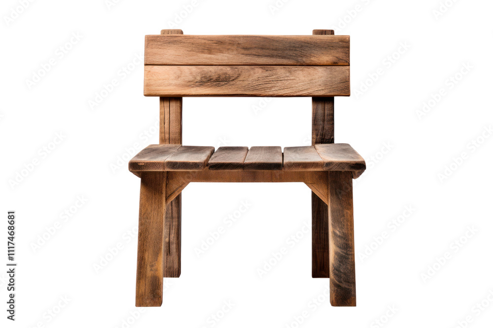 Rustic wooden chair with a slatted backrest and a flat wooden seat, handcrafted with visible wood texture and knots Rustic wooden chair with a slatted backrest and a flat wooden seat, handcrafted with visible wood texture and knots