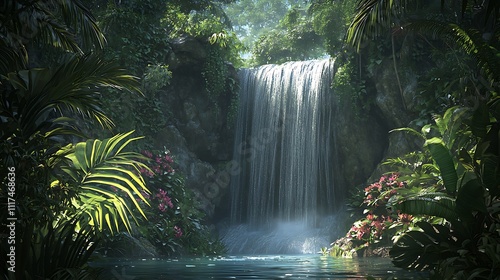 Majestic waterfall in lush rainforest  photo