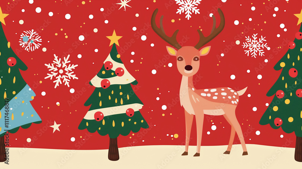 Christmas seamless pattern with deer, Christmas tree, holly berries, snowflakes on red background. illustration for gift wrapping paper, fabric, clothes, textiles, surface textures Christmas seamless pattern with deer, Christmas tree, holly berries, snowflakes on red background. illustration for gift wrapping paper, fabric, clothes, textiles, surface textures