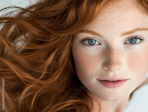 Portrait of young woman with long red hair flowing