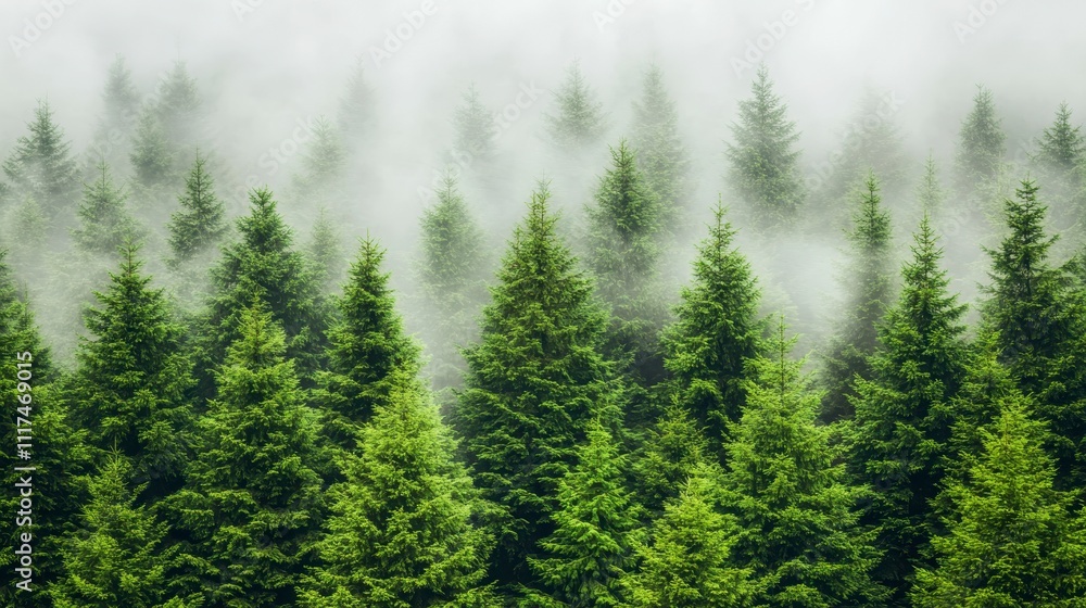 Fototapeta premium Misty Evergreen Forest Coniferous Trees Nature Background