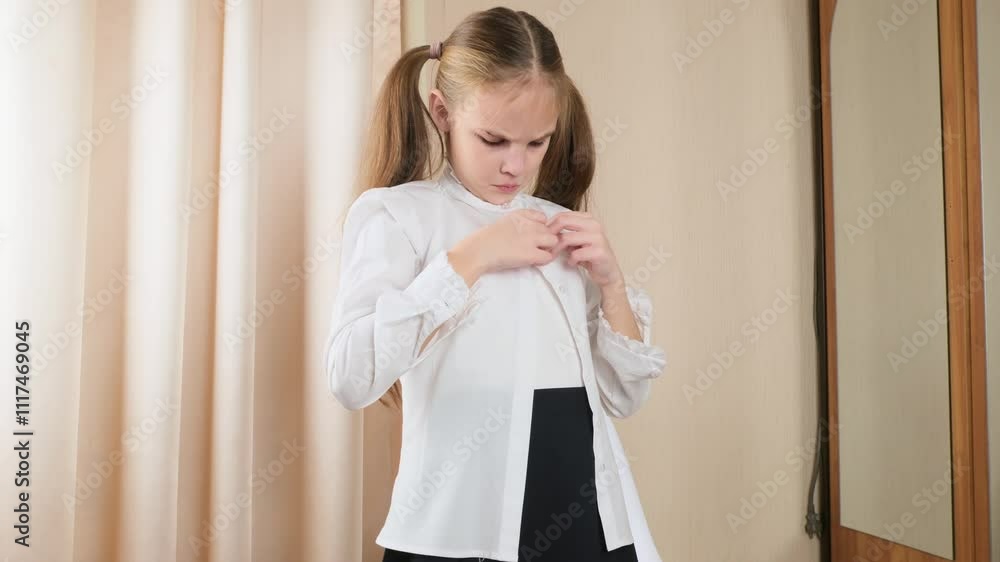 Little girl getting dressed school uniform in her room and preparing go to school Little girl getting dressed school uniform in her room and preparing go to school
