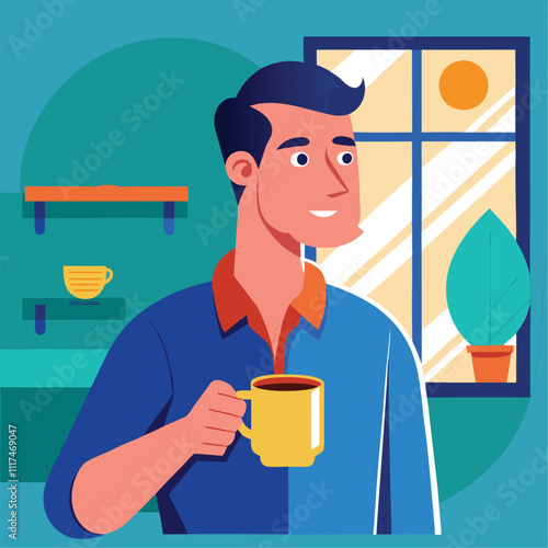 man drinking coffee tea in morning vector illustration graphic design art