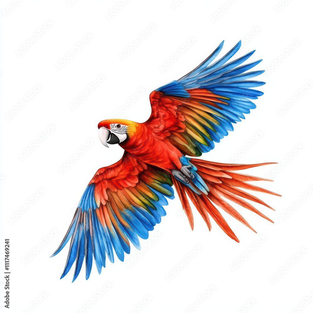 Fototapeta premium Vibrant parrot with colorful feathers soaring through air, showcasing its beauty and grace