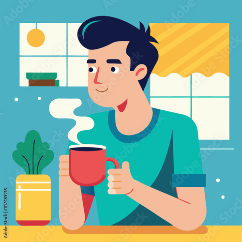 man drinking coffe tea in morning vector illustration graphic design art