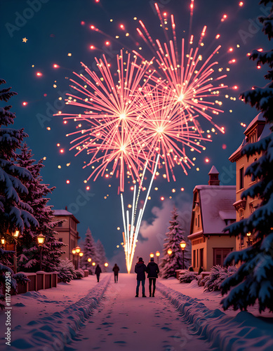 A people in the village staring fireworks in the snow for new year