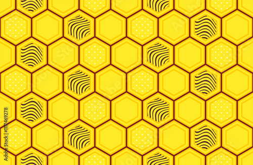 Yellow and brown background of bee honeycombs with wavy and polka dot decor. Abstract endless texture with hexagons. Vector seamless pattern for honey product, label, packaging, surface texture, print