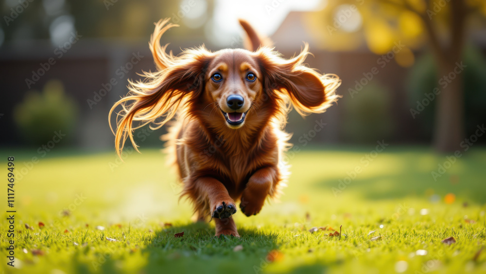 Happy long-haired dachshund running through a grassy field with floppy ears blowing in the wind. Happy long-haired dachshund running through a grassy field with floppy ears blowing in the wind.