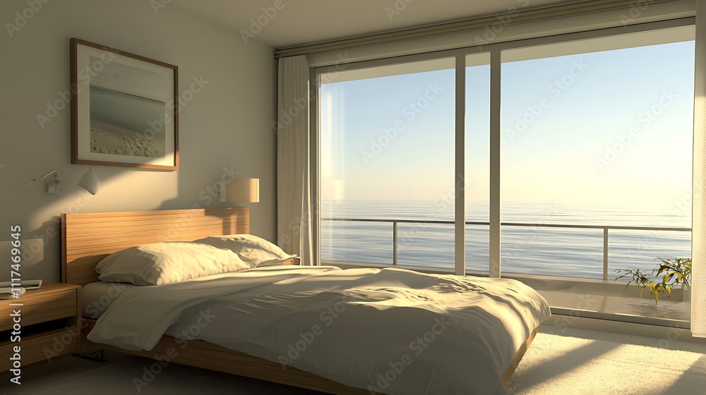 Serene minimalist bedroom with ocean view Serene minimalist bedroom with ocean view