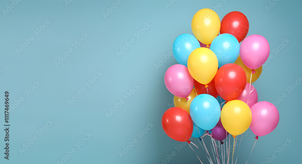Colorful Balloons on Right Side with Text Space on Light Blue Background Colorful Balloons on Right Side with Text Space on Light Blue Background