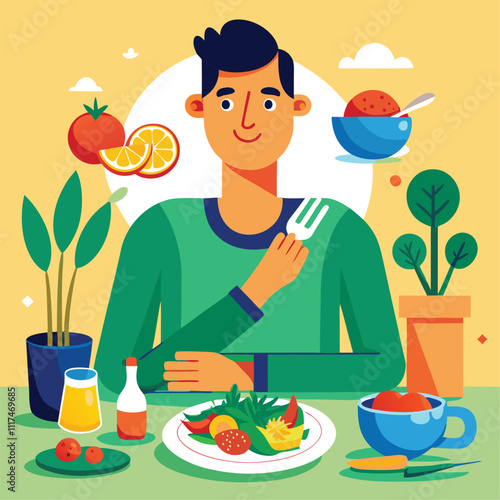 man healthy eating diet vegetarian vector illustration graphic design art