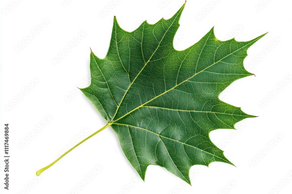 Naklejka premium A vibrant green maple leaf on a white background, showcasing its intricate details.