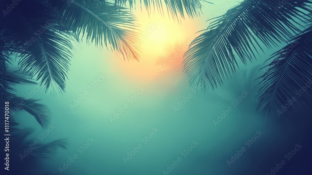 Misty tropical sunrise through palm leaves. Misty tropical sunrise through palm leaves.