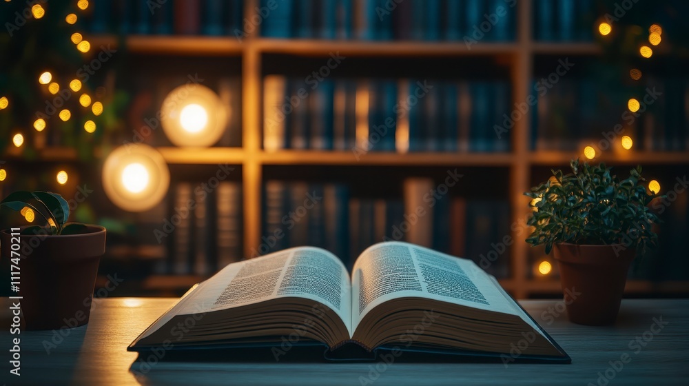 Fototapeta premium Open Book Cozy Reading Room Night Lights Plants Bookshelf Background