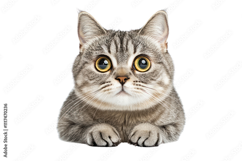 Fototapeta premium An adorable portrait of a silver tabby British Shorthair cat with its eyes wide open, exuding charm and personality. The intricate patterns of its fur are highlighted,