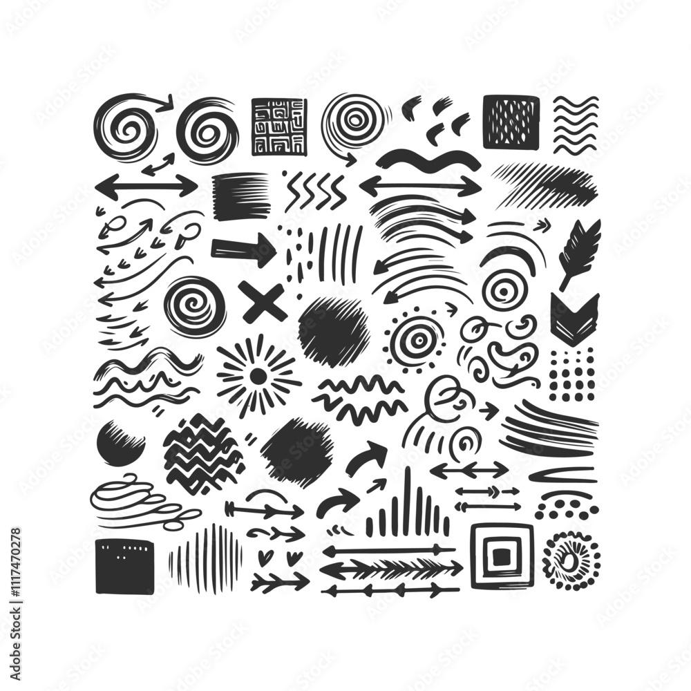 Arrow line hand drawn Grunge square, spiral, arrow element scribble line brush Set Vector Design Illustration Arrow line hand drawn Grunge square, spiral, arrow element scribble line brush Set Vector Design Illustration