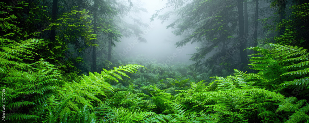 Lush green ferns thriving in a misty forest, creating a serene and tranquil atmosphere. Lush green ferns thriving in a misty forest, creating a serene and tranquil atmosphere.