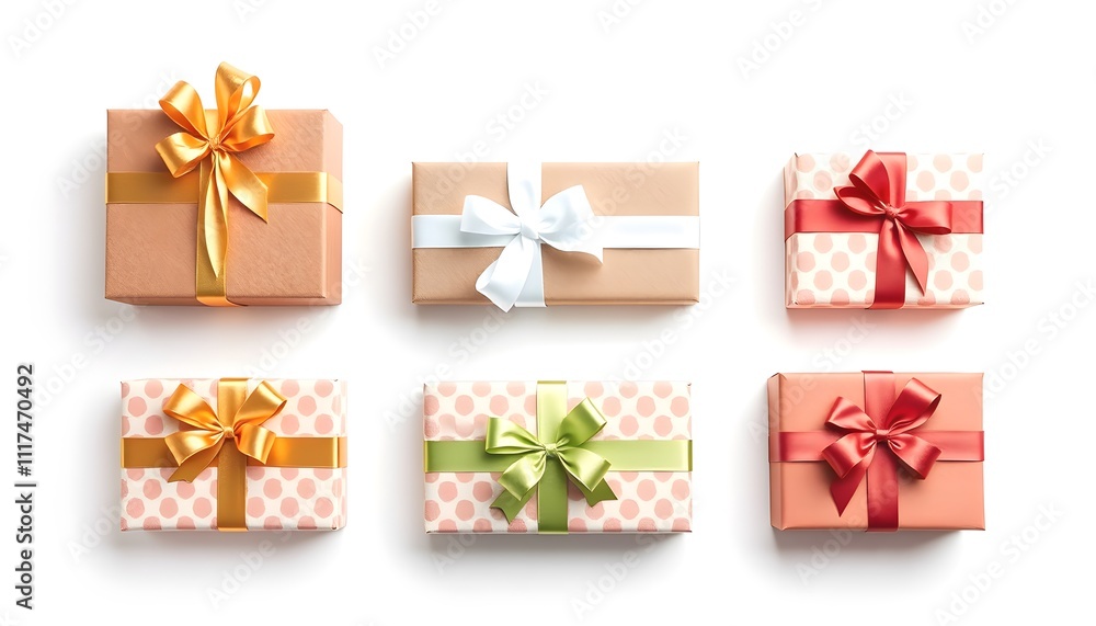 Six Beautifully Wrapped Gift Boxes with Bows. A festive holiday celebratory image. Six Beautifully Wrapped Gift Boxes with Bows. A festive holiday celebratory image.
