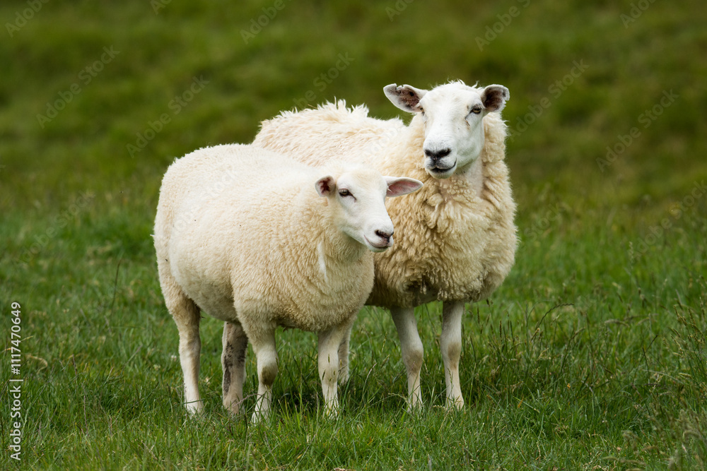 mother sheep and her lambs in lush green grassy field mother sheep and her lambs in lush green grassy field