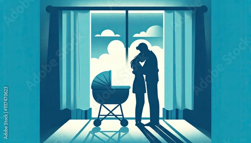 Couple comforting each other beside empty cradle in blue silhouette art
