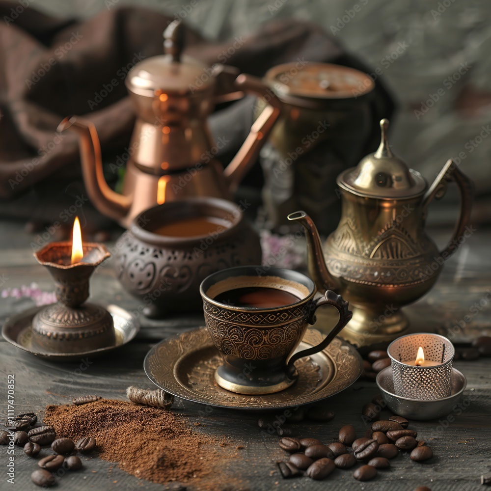 Dark coffee in ornate cup, antique pots, candles, and coffee beans on rustic wood. Dark coffee in ornate cup, antique pots, candles, and coffee beans on rustic wood.