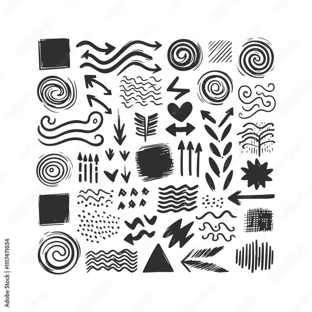Arrow line hand drawn Grunge square, spiral, arrow element scribble line brush Set Vector Design Illustration Arrow line hand drawn Grunge square, spiral, arrow element scribble line brush Set Vector Design Illustration