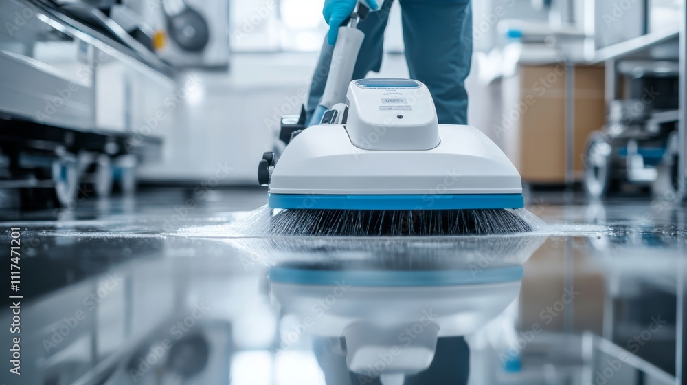 A person uses a floor cleaning machine on a shiny surface in a modern, well-lit space, highlighting effective cleaning technology. A person uses a floor cleaning machine on a shiny surface in a modern, well-lit space, highlighting effective cleaning technology.