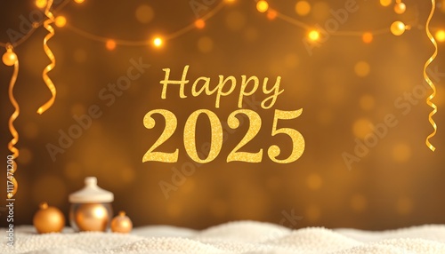 Wallpaper Mural Happy New Year 2025 Golden Glitter Festive Lights and Ornaments and confetti add to the celebratory New Years scene. Torontodigital.ca